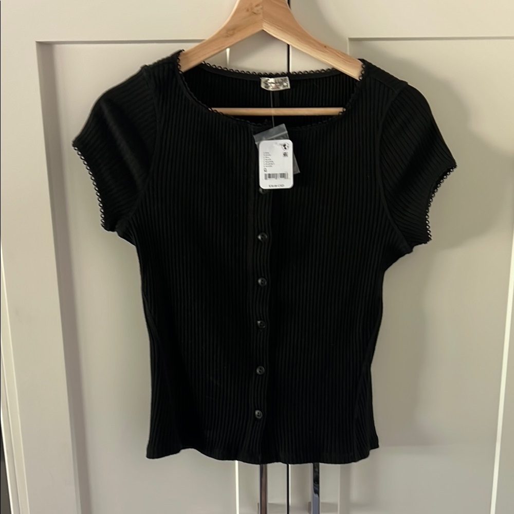 Free People Most Wanted CardiBlack Button-Up Ribbed Top